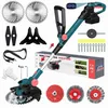 A collection of cordless grass trimmer parts and accessories laid out on a white background, with a product box in the midground. Produktbild-Vorschau