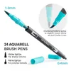 A close-up marketing image of a teal and black dual-tip brush pen, with inset diagrams and text highlighting its features. Produktbild-Vorschau