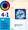 A collage of product packaging and marketing graphics for Calgon 4in1 powder. Produktbild-Vorschau