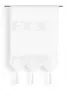 A white lace curtain hanging from a rod against a white background. Produktbild-Vorschau