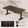 A product image showing a black height-adjustable desk with dimensions and features highlighted. Voir les images du produit