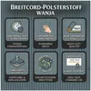 Infografik für Breitcord-Polsterstoff Wanja: Darstellung der Vorteile wie über 90.000 Martindale Scheuertouren, stabilisierte Rückseite, 380g/m² Grammtur und Schadstoffprüfung. Produktbild-Vorschau