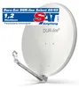 A white satellite dish with a silver mounting arm, set against a white background. A blue and red marketing banner is visible in the upper left corner. Produktbild-Vorschau