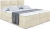 A beige upholstered boxspring bed with a headboard, mattress, and throw blanket. Produktbild-Vorschau