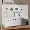 A diagram showing the multimedia connection options for a projector, with the projector itself visible at the bottom. Produktbild-Vorschau