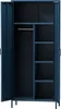 An open dark blue metal wardrobe with shelves and a hanging rod. Voir les images du produit