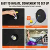 A collage of four images showing how to inflate and use a balance ball trainer. Produktbild-Vorschau