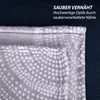 Close-up of a folded gray blanket with white polka dots, with text overlay. Produktbild-Vorschau