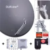 A collage of images showing a satellite dish, a signal splitter, and a satellite receiver. Produktbild-Vorschau