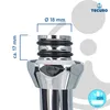 A close-up of a chrome-plated faucet spout with measurement indicators. Produktbild-Vorschau