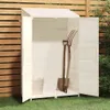 A white wooden garden shed with its doors open, containing gardening tools and a bucket. Podgląd zdjęcia produktu