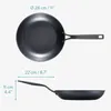 A top-down and side view of a black carbon steel frying pan with dimensions indicated by text and lines. Produktbild-Vorschau