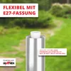 A close-up of a silver outdoor lamp post with text overlays and a blurred garden background. Produktbild-Vorschau