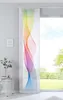 A panel curtain with a colorful wave pattern is shown hanging in a room next to a window.