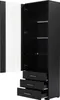 A black display cabinet with its door open, revealing glass shelves and three drawers. Anteprima dell’immagine prodotto
