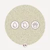 A circular graphic with three icons and a logo on a textured background. Produktbild-Vorschau