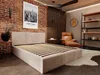 A bedroom scene featuring a bed, armchair, and shelving unit. Produktbild-Vorschau