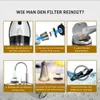 An instructional diagram showing how to clean a vacuum cleaner filter. Produktbild-Vorschau