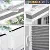 A collage of four close-up images showing details of a pleated blind system, including mounting hardware and the blind itself. Produktbild-Vorschau