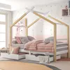A child's bedroom with a house-shaped bed, decorated with star-patterned wallpaper and soft furnishings. Produktbild-Vorschau