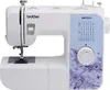A white Brother XM2701S sewing machine with a light blue panel featuring stitch diagrams and purple floral decorations. Voir les images du produit