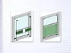 Two diagrams showing a window with a pleated blind system. The left diagram shows the blind partially retracted, and the right diagram shows it fully extended. Produktbild-Vorschau