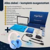 A flat lay of a tablet, headphones, and various accessories, with a list of included items. Produktbild-Vorschau