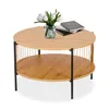 A round, two-tiered coffee table with a wood-grain finish and black metal legs, decorated with a vase of white tulips and a stack of books. Produktbild-Vorschau