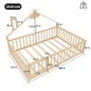 A diagram of a wooden bed frame with dimensions indicated by measurement lines and numbers. Voir les images du produit
