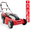 A red electric lawnmower is shown from a front-diagonal angle against a white background. To the right of the lawnmower, there is a vertical strip of icons and text detailing product specifications. Produktbild-Vorschau