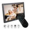 A digital photo frame displaying a family photo, with a remote control next to it. Icons representing photos, music, video, calendar, and clock are shown below. Podgląd zdjęcia produktu