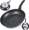 A black frying pan with a speckled interior and a black handle is shown from a slightly elevated angle. A smaller image of the pan's underside is in the upper left corner, and a packaged version of the pan is in the lower right corner. Náhled obrázku produktu