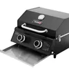 A black gas grill with a silver handle and control knobs, shown from a slightly elevated front-left angle. Produktbild-Vorschau