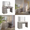 A collage of four images showing a gray vanity table with an LED mirror, drawers, and decorative items. One image shows the vanity in a bedroom setting. Produktbild-Vorschau