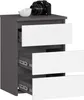 A modern nightstand with three drawers, shown against a white background. A camera and a small bowl are placed on top. Produktbild-Vorschau