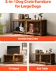 A collage showing a 3-in-1 dog crate furniture in different configurations: as a double dog crate with dogs, as a TV stand, and as an end table. Náhľad obrázku produktu