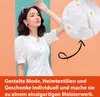 A woman in a white dress with daisy embroidery stands against a colorful background, with a close-up inset of the dress's embroidery and a graphic arrow pointing to it. Text at the bottom promotes customization. Produktbild-Vorschau