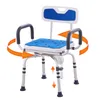 A shower chair with armrests and a backrest, shown on a white background with orange arrows indicating rotation and height adjustment. Podgląd zdjęcia produktu