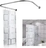 A U-shaped shower curtain rod with a white shower curtain attached, shown against a white background and in a bathroom setting. Podgląd zdjęcia produktu