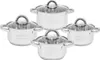 A set of four stainless steel pots with glass lids, arranged in a cluster on a white background. Produktbild-Vorschau