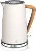 A studio shot of a white electric kettle with a wood-effect handle. Podgląd zdjęcia produktu