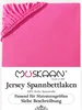 A pink fitted sheet is shown from a top-down angle, with the elasticized corner visible. Produktbild-Vorschau
