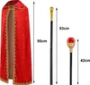 A red cape, a long staff, and a short scepter are displayed against a white background with measurement indicators. Produktbild-Vorschau