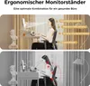 Collage showing a person using a monitor stand at a desk. The top image demonstrates correct posture and alignment, with text overlays explaining the benefits. The bottom image highlights poor posture with red indicators on the body. Náhľad obrázku produktu