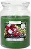 A large green scented candle in a glass jar with a lid, featuring a label with a festive winter scene. Anteprima dell’immagine prodotto