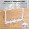 A white over-the-door hook organizer with six hooks is shown hanging on a wooden door. Dimensions are indicated with text overlays. Produktbild-Vorschau