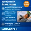 Marketing image for a home comfort product, showing a woman relaxing and text highlighting product benefits. Produktbild-Vorschau