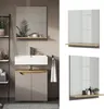 A bathroom vanity with a sink and mirror, displayed in a staged setting and also as separate product shots. Náhled obrázku produktu
