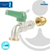 A faucet with a green handle and a brass adapter shown against a white and light gray background. Produktbild-Vorschau