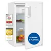 A white refrigerator with its door slightly ajar, displaying food items inside. It has several award stickers on the left side and a blue circular overlay on the door. Produktbild-Vorschau